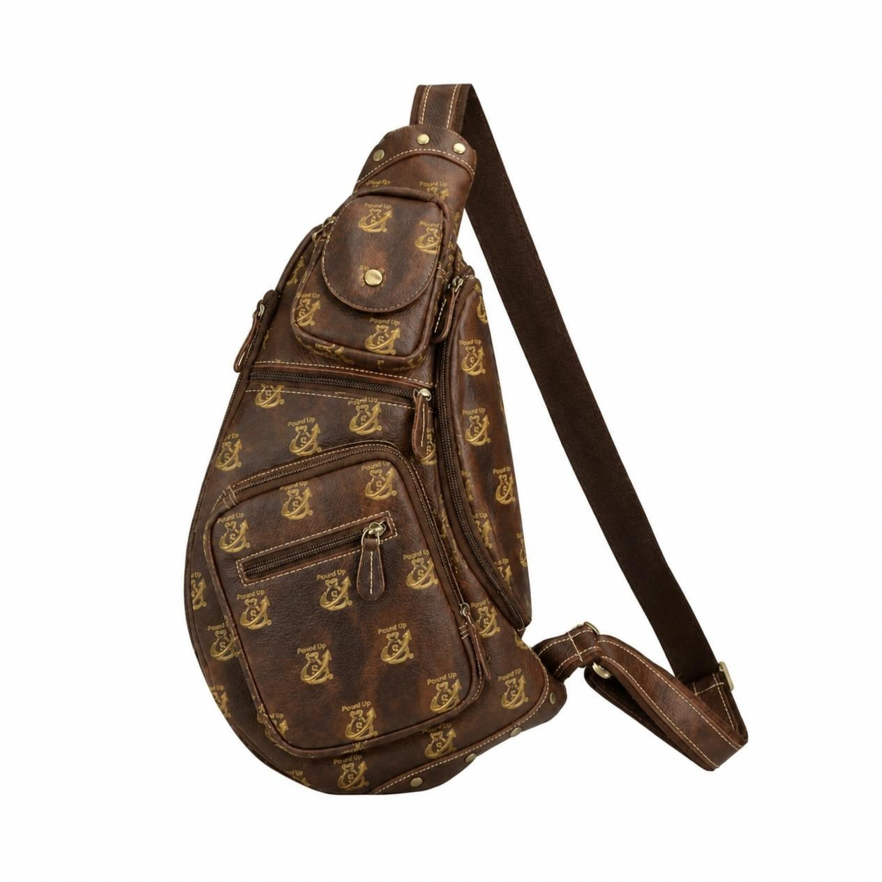 Paypd Up Leather Monogram Sling Bag in brown with gold monogram print