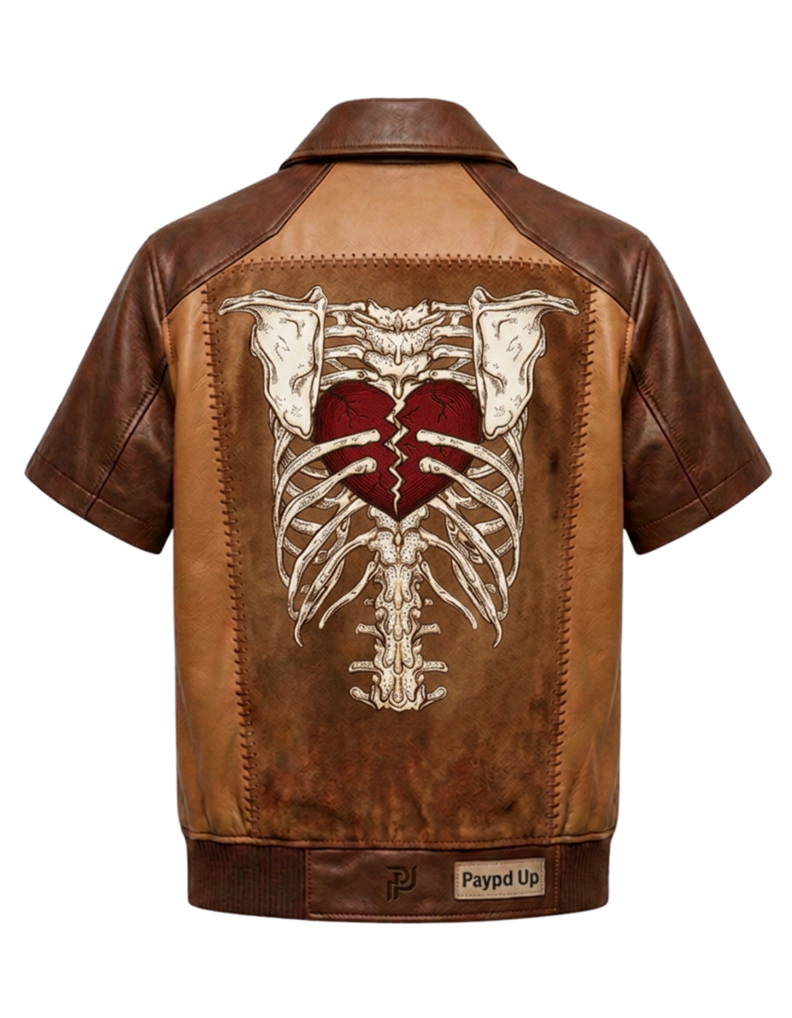 Back view showing embroidered ribcage and broken heart graphic