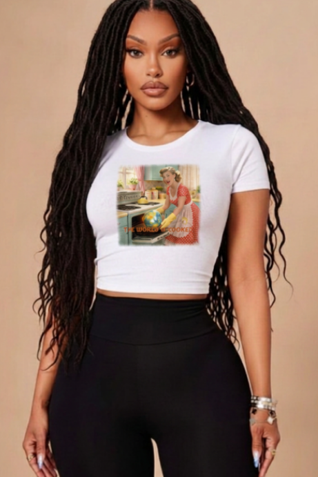 White graphic crop tee with The World is Cooked print on model