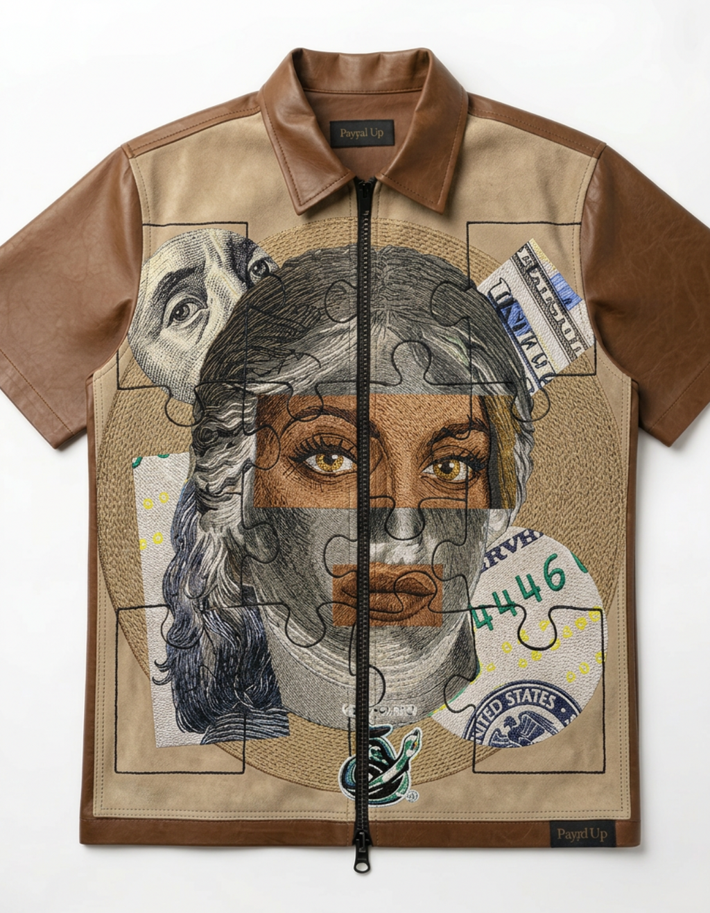 "She Only Loves The Payp" Leather Zip Shortsleeve Shirt