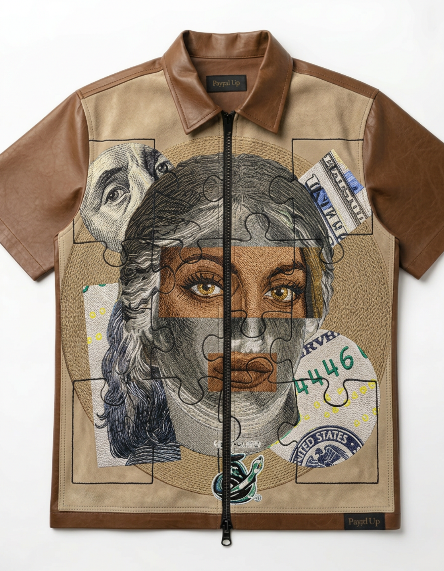 "She Only Loves The Payp" Leather Zip Shortsleeve Shirt