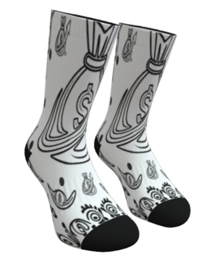 Unisex Bandana Sock side view showing bold black and white graphic print